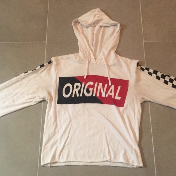 On Fire Tops - “ORIGINAL” cropped hooded-tee/checkered sleeves.